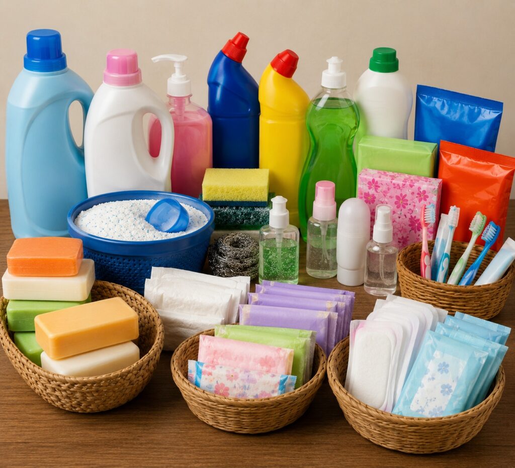 Daily essential items including soap, detergent, sanitary pads and cleaning products arranged neatly