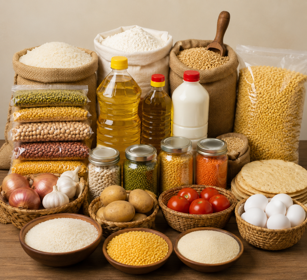 Assorted grocery items including rice, wheat, pulses, oil and sugar arranged neatly